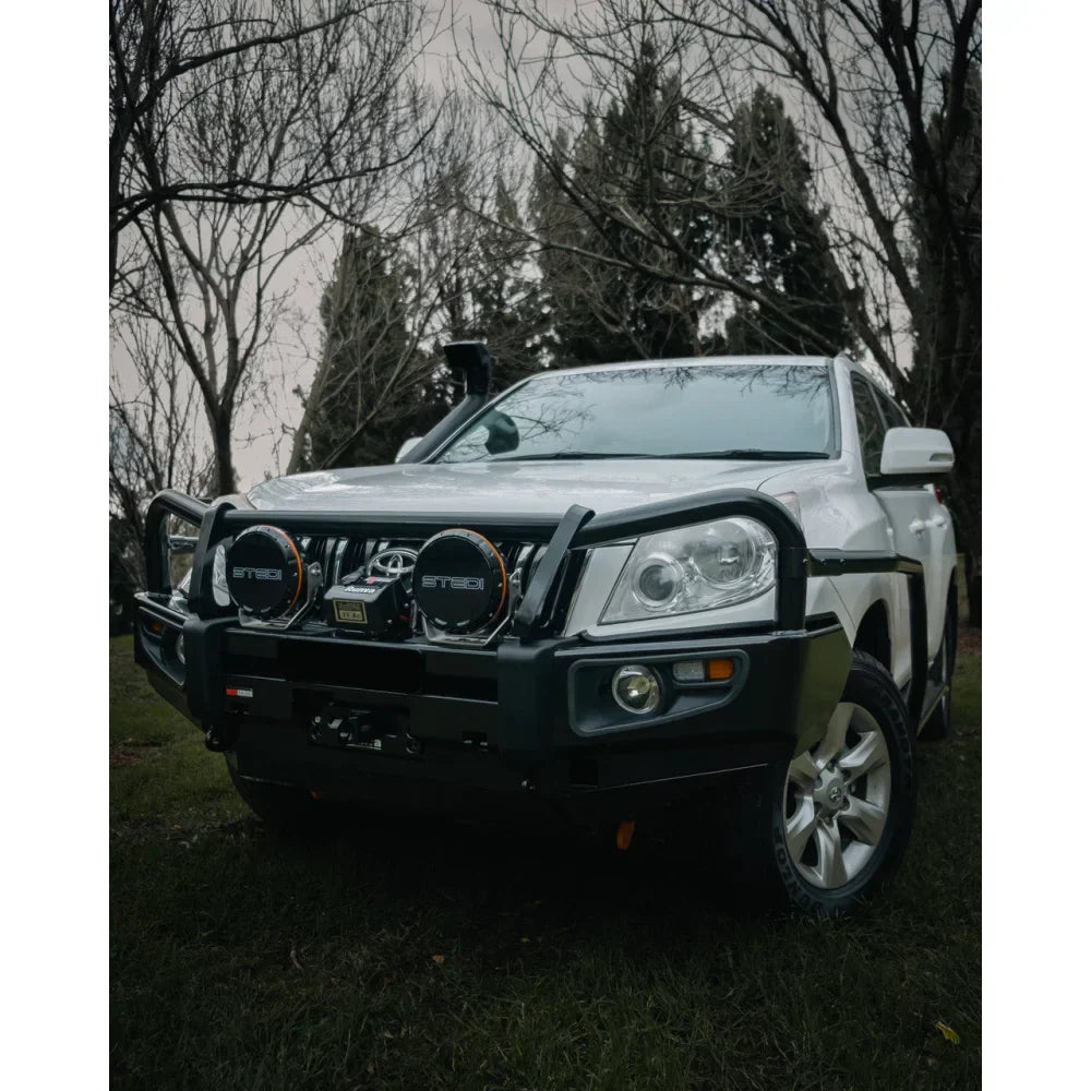 White off-road toyota prado with black rockarmor brushbar designed to suit elite bullbar and tough terrain use