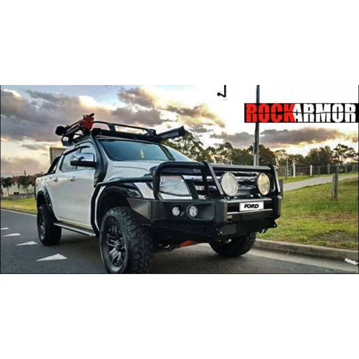 White Ford pickup truck with aftermarket elite bullbar and synthetic winch rope installation