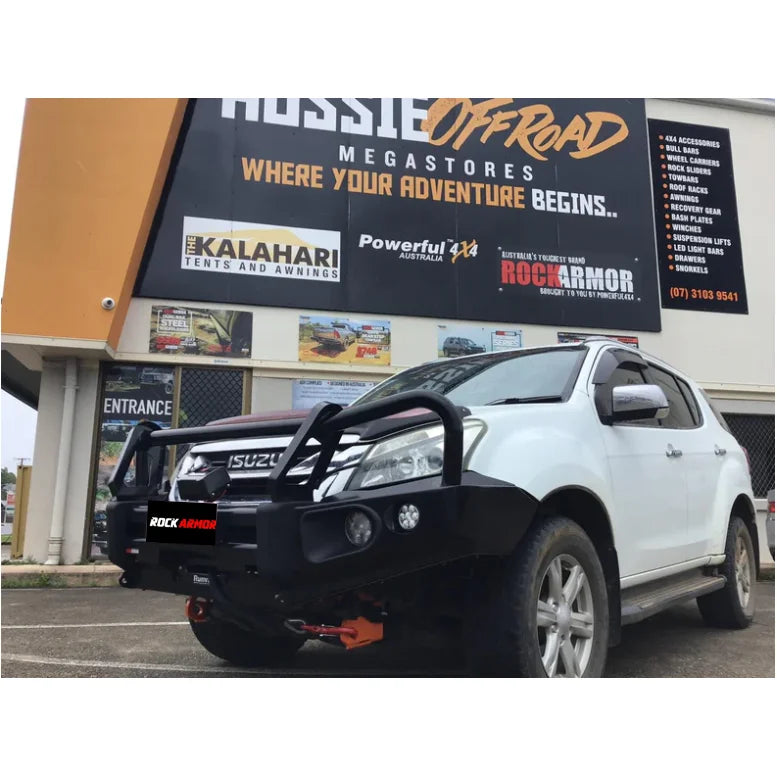 White Isuzu SUV with Black Rockarmor Elite Hoop Bullbar in the Rockarmor Elite Hoop Bullbar product display