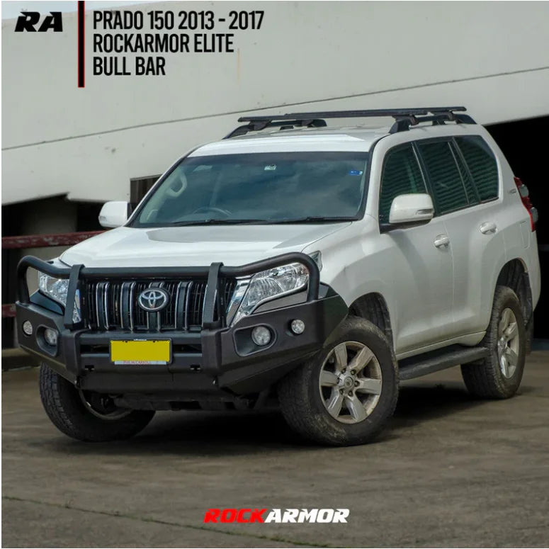 Silver SUV with black steel bullbar showing the Rockarmor Elite Steel Bullbar for Toyota Prado 150