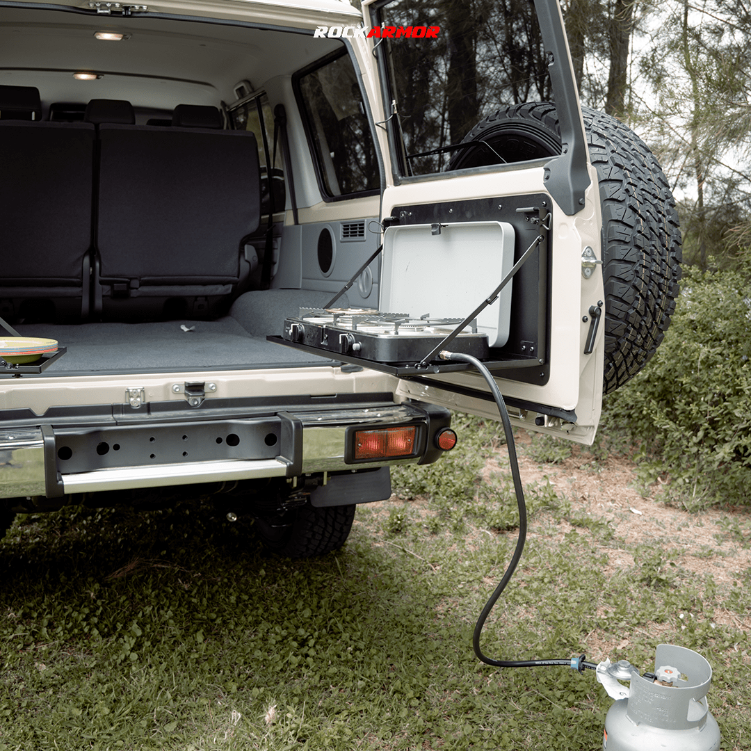 Rockarmor Rear Door Dropdown Table & Pantry — Toyota 70 Series