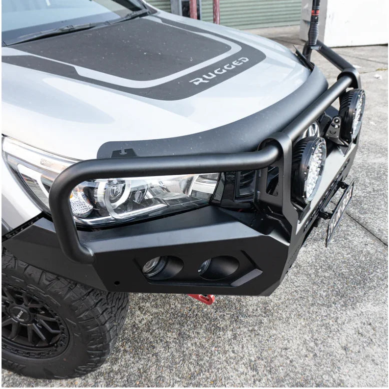 Silver truck with black bumper featuring Rockarmor GT Hoop steel bullbar on Toyota Hilux N80