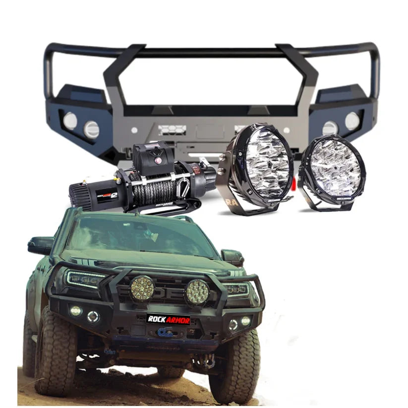 Off-road vehicle accessories featuring hoop bullbar, driving lights, and synthetic winch rope for Ford Ranger PX2 & 3