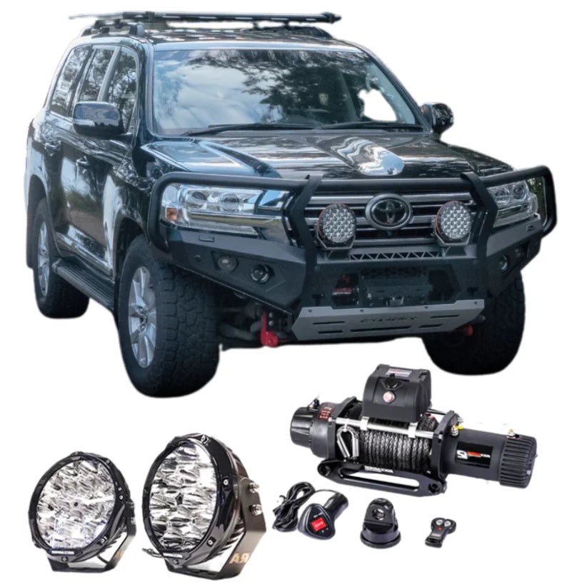Black off-road vehicle with steel hoop bull bar and accessories for Toyota 200 2015+
