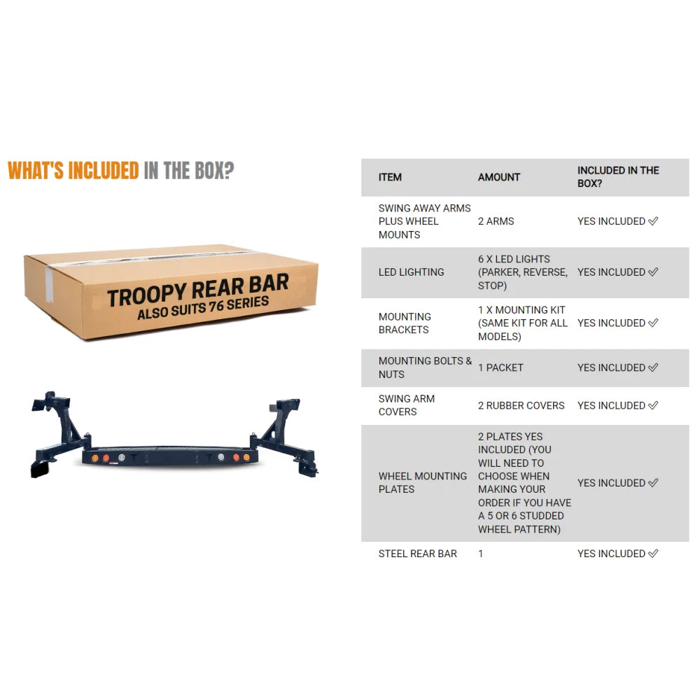 Troopy rear bar contents with bull bar and driving lights for Rockarmor GT Steel pack