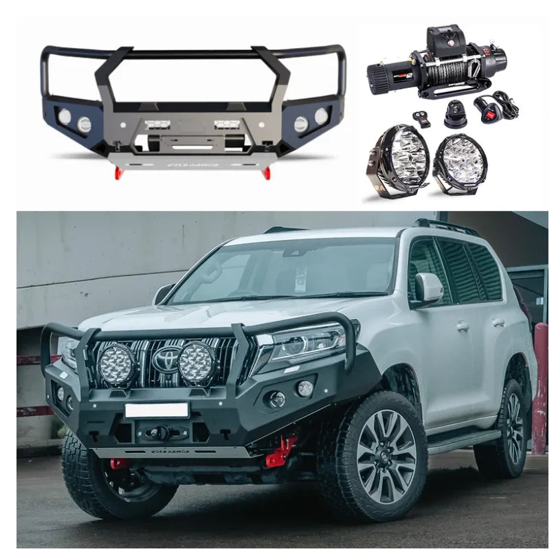 Off-road vehicle bumper with Rockarmor GT Steel bull bar and driving lights accessories