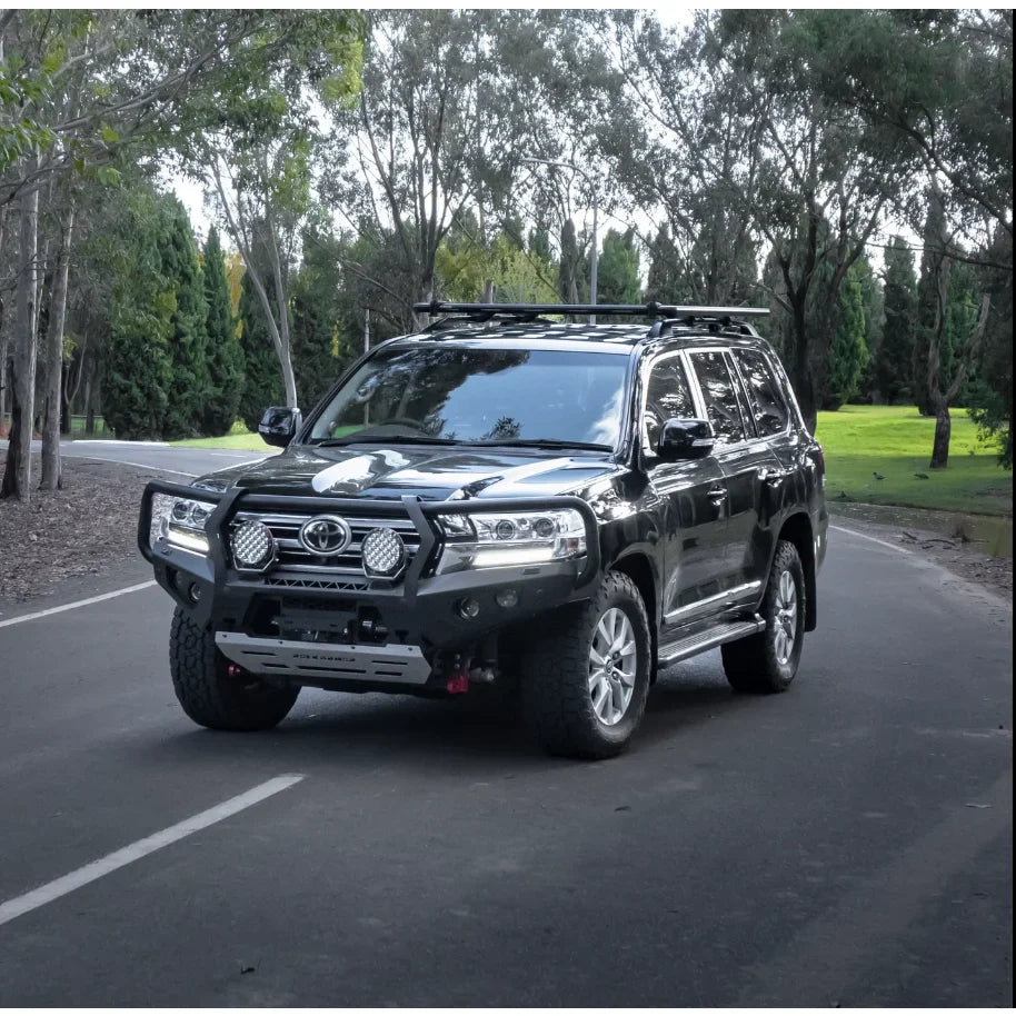 Black SUV with Rockarmor GT Steel Hoop bull bar and rated recovery points for Toyota 200 2015+