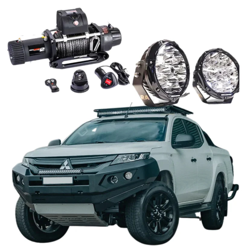 Off-road vehicle accessories with bull bar, driving lights, and synthetic winch rope