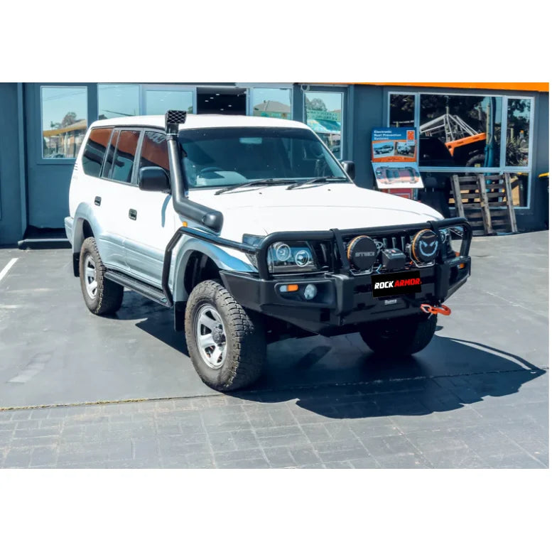 White off-road vehicle with black bull bar and fog lights, premium steel bullbar for Toyota Prado