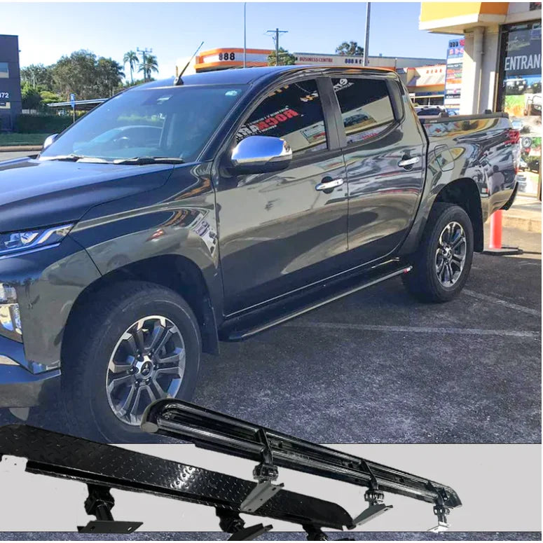 Black rockarmor steel rockslider checker plate side steps for mitsubishi triton mq 2015 to 2018 models