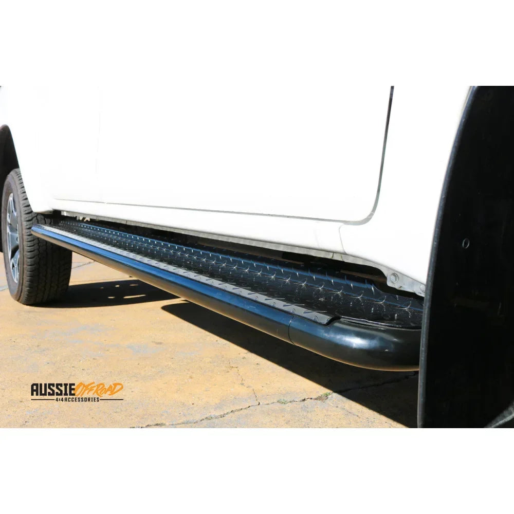 Black rockarmor steel rockslider side step with diamond tread checker plate for toyota hilux n90 2026 brush bar compatible