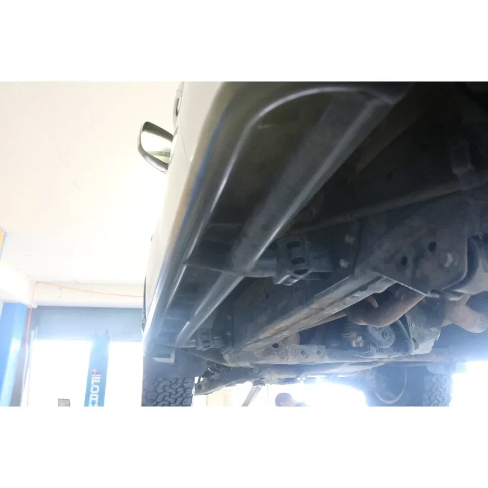 Underside view of steel rockslider checker plate step full bar replacement for toyota prado 250 2024 to current chassis