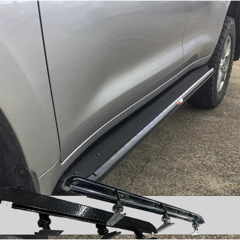 Silver Toyota Prado 250 with black steel rockslider side steps featuring steel checker plate design full bar replacement